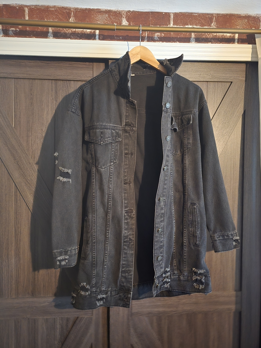 Women's Long Length Black Distressed Denim Shirt Jacket